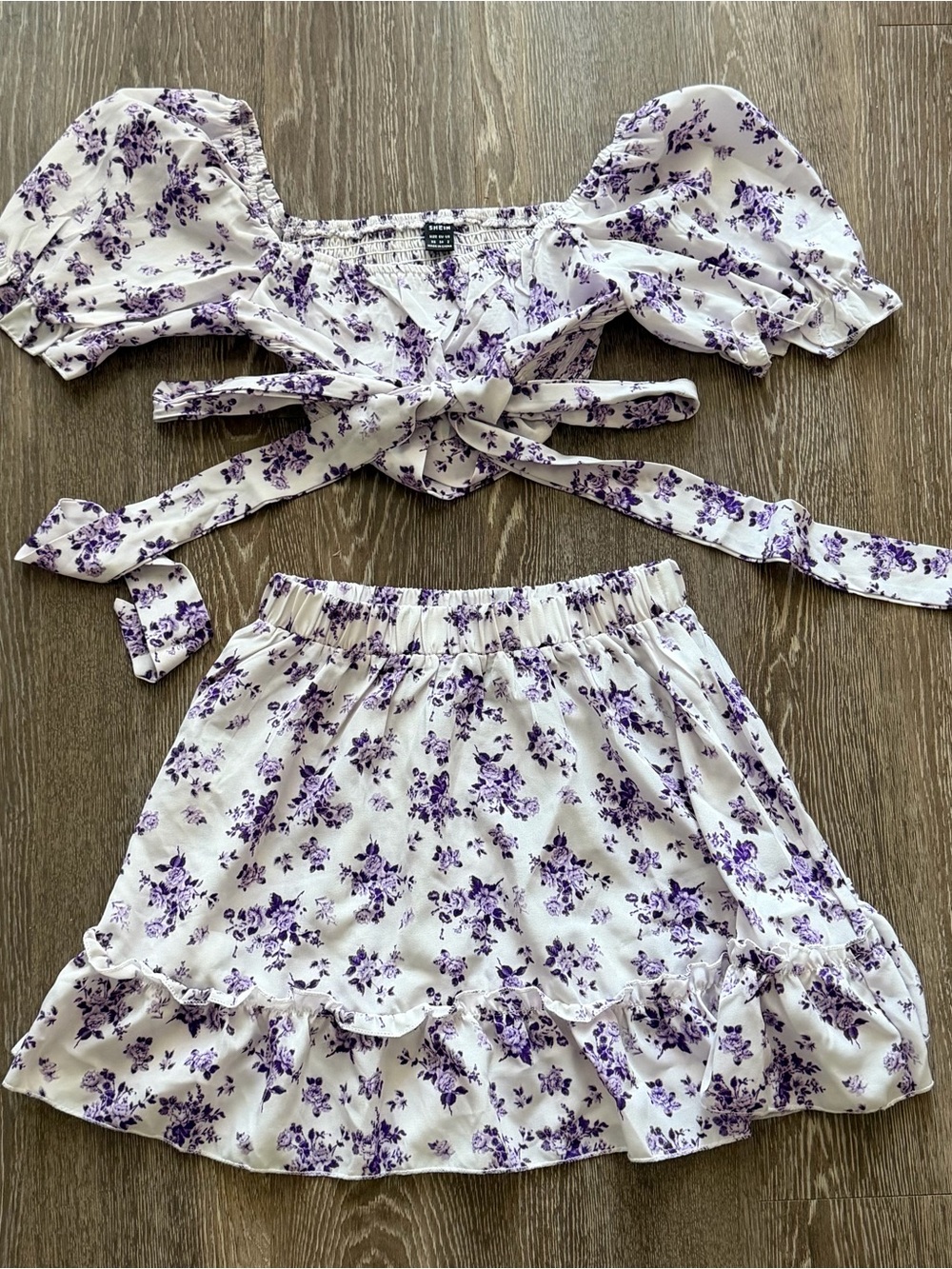 SHEIN White & Purple Floral Two-Piece Puff Sleeve Dress Set